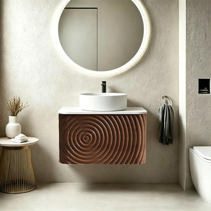 24" Floating Bathroom Vanity with Sink, Mid-Century Wall Mounted Bathroom Vanity Cabinet with Waved Decor, Ceramic Vessel Basin, Sintered Stone Top, Soft Close Storage Drawer, Walnut