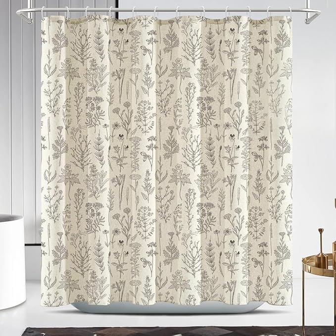 Coxila Linen Textured Shower Curtain Vintage Floral Beige Flower Retro Spring Cream Plant Botanical Boho Country Cute Rustic Farmhouse Wildflower Toile Bathroom 72 x 72 Inch Fabric Cloth 12 Pack Hooks