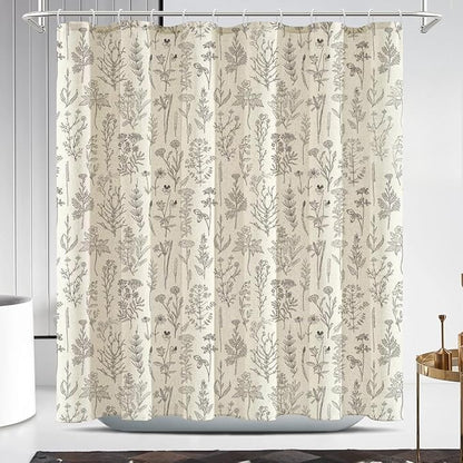 Coxila Linen Textured Shower Curtain Vintage Floral Beige Flower Retro Spring Cream Plant Botanical Boho Country Cute Rustic Farmhouse Wildflower Toile Bathroom 72 x 72 Inch Fabric Cloth 12 Pack Hooks