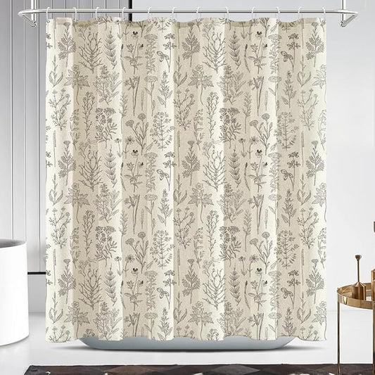 Coxila Linen Textured Shower Curtain Vintage Floral Beige Flower Retro Spring Cream Plant Botanical Boho Country Cute Rustic Farmhouse Wildflower Toile Bathroom 72 x 72 Inch Fabric Cloth 12 Pack Hooks