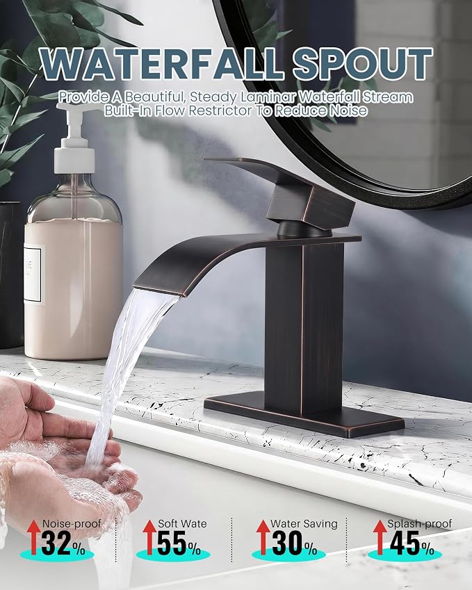 Oil Rubbed Bronze Bathroom Faucet - ARCORA Waterfall Bathroom Faucet Single Handle Mixer Tap Lavatory Vanity Sink Faucet with Deck Plate and Pop Up Drain, 1 or 3 Hole