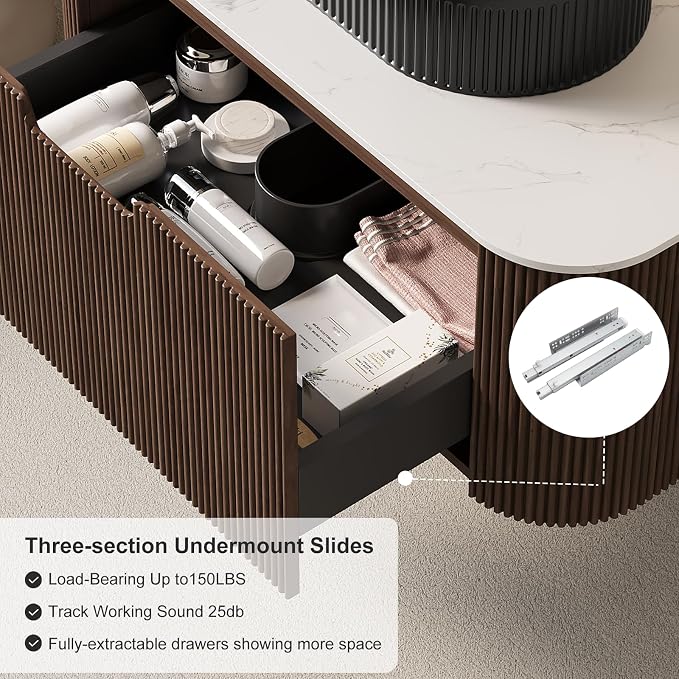 48" Floating Bathroom Vanity with Sink, Dark Walnut Plywood Base | Plywood Cabinet, Single Sink, Doubel Sink, Ceramic Basin & Marble Countertop, Pre-Assembled