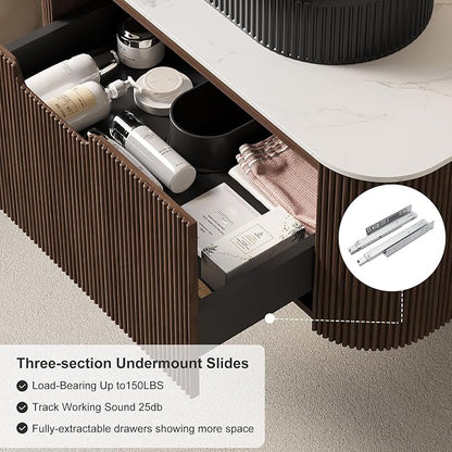 48" Floating Bathroom Vanity with Sink, Dark Walnut Plywood Base | Plywood Cabinet, Single Sink, Doubel Sink, Ceramic Basin & Marble Countertop, Pre-Assembled