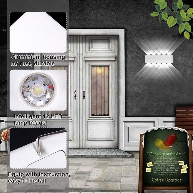 Kawell 10W Waterproof Modern Wall Sconces LED Wall Light Up Down Aluminum Wall Lamp LED Indoor Outdoor for Bedroom Living Room Bathroom Porch Stairs Hotels Garden Pathway, White 6000K