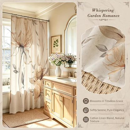 Light Brown Floral Linen Shower Curtain, Watercolor Botanical, 72 x 72 | Boho Floral Design, Watercolor Botanical Style, Ink Painting Flowers & Leaves, Linen Blend Fabric Curtain