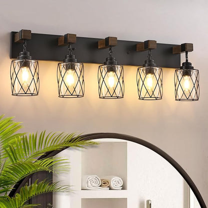 Bathroom Light Fixtures,Farmhouse Black Metal with Glass Shade | 5 Light Rustic Vanity Lights, Wood Accent Wire Cage Design, Mounts Over Mirror, Ideal for Bedroom & Hallway,Easy to Install