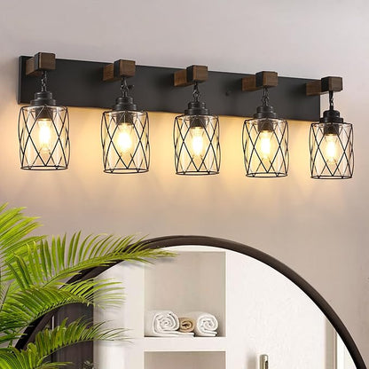 Bathroom Light Fixtures,Farmhouse Black Metal with Glass Shade | 5 Light Rustic Vanity Lights, Wood Accent Wire Cage Design, Mounts Over Mirror, Ideal for Bedroom & Hallway,Easy to Install