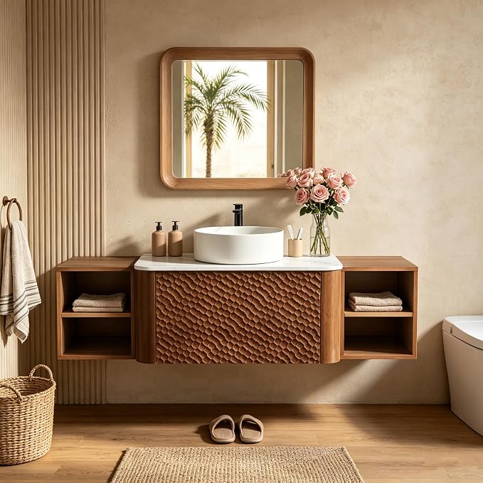 54 Inch Modern Bathroom Vanity with Ceramic Sink, Floating Bathroom Sink Cabinet with Sintered Stone Top&Solid Wood Hammered Frame, Single Bathroom Vanities w/Soft-Close Drawer&2 Side Open Cube