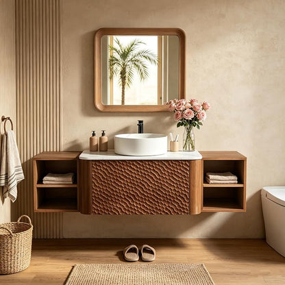 54 Inch Modern Bathroom Vanity with Ceramic Sink, Floating Bathroom Sink Cabinet with Sintered Stone Top&Solid Wood Hammered Frame, Single Bathroom Vanities w/Soft-Close Drawer&2 Side Open Cube