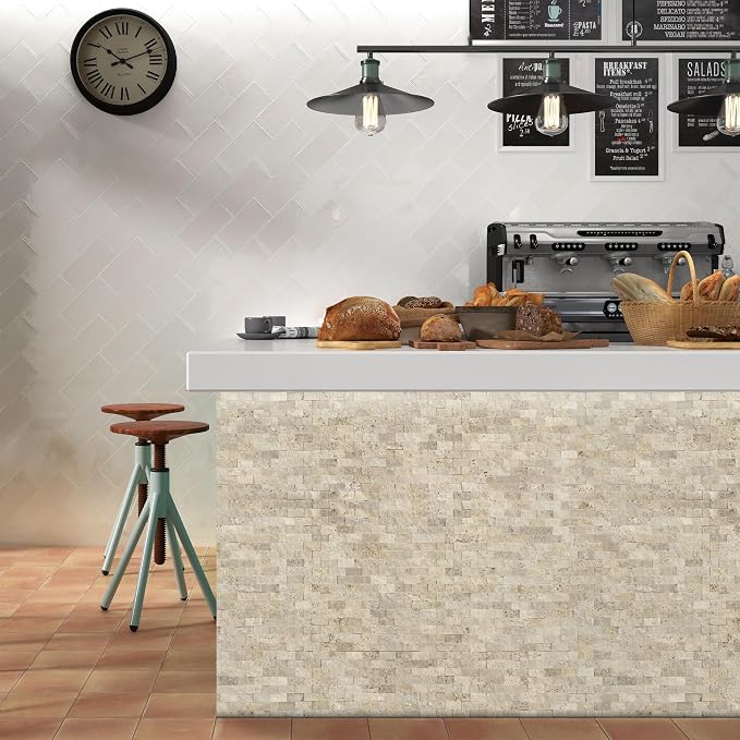 SUNWINGS 5-Sheet Peel and Stick Mosaic Natural 3D Stone Self Adhesive Travertine Tiles, 10.63" x 11.22" Stick on Backsplash for Kitchen Bathroom Fireplace Vanity, Beige