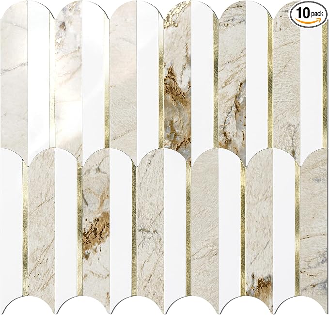 Vamos Tile Peel and Stick Backsplash, Fish Scale, Glossy, 10 pcs | 11.9''x10.8'',White & Pandora PVC+Light Gold Stick on Backsplash Tile for Kitchen & Bathroom & Laundry & Camper