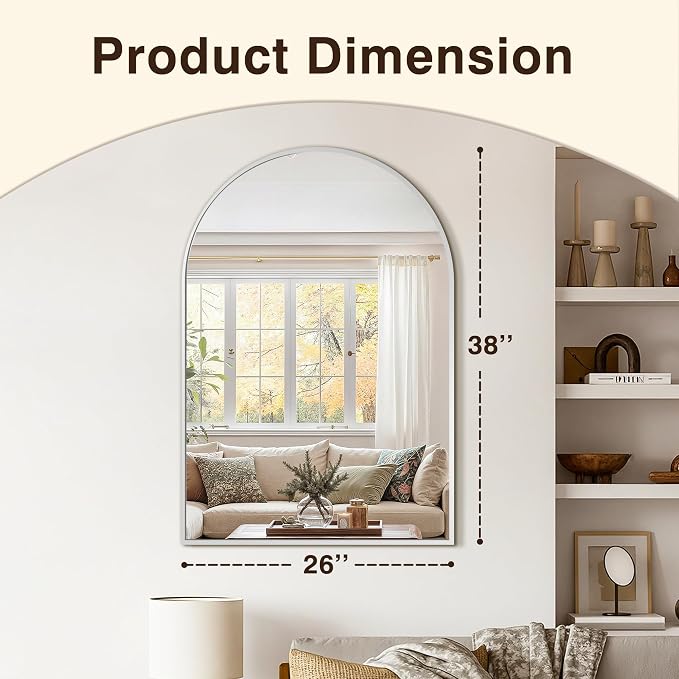 Arched Bathroom Vanity Mirror for Over Sink, 38”x26”, Silver | HD Tempered Glass, Anti-Rust Metal Frame, Hanging or Leaning, Wall Mirrors for Bathroom Sink, Bedroom, Living Room, Entryway