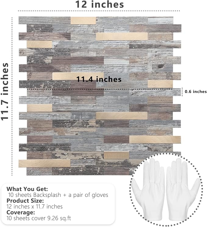 STICKGOO Peel and Stick Backsplash, PVC Wall Tiles Stick on Backsplash for Kitchen(10 Sheets, Distressed Wood with Metal Gold)