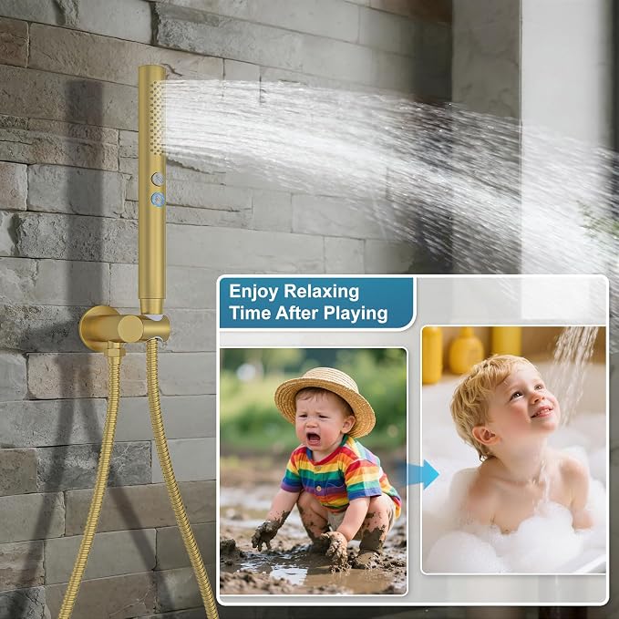 Shower System Shower Faucet Set Rainfall Shower Set with Valve 12+6" Dual Rain Shower Head with Handheld Ceiling Mount Wall Mount Shower Head Shower System, Brushed Gold