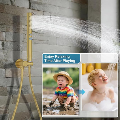 Shower System Shower Faucet Set Rainfall Shower Set with Valve 12+6" Dual Rain Shower Head with Handheld Ceiling Mount Wall Mount Shower Head Shower System, Brushed Gold
