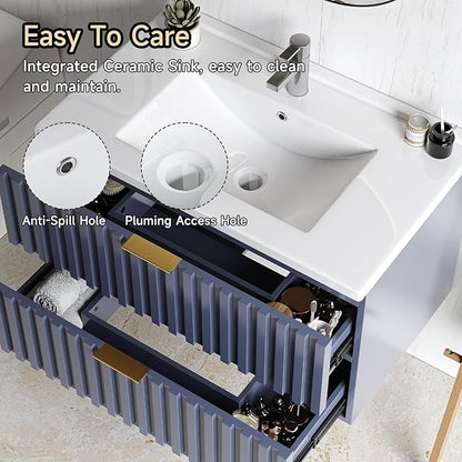 ONBRILL 30 Inch Bathroom Vanity with Sink Combo, Floating Bathroom Vanity with 2 Fluted Drawers & Metal Handle, Modern Wall Mount Storage Cabinet with Ceramic Integrated Sink for Small Space (Blue)