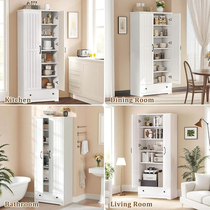 Decofy 70" Tall Storage Cabinet, Large Wood Storage Pantry Cabinets with 6 Adjustable Shelves, 2 Doors & 1 Drawer, Standing Utility Storage Cabinets for Kitchen, Bathroom, Dining Room (Soft White)