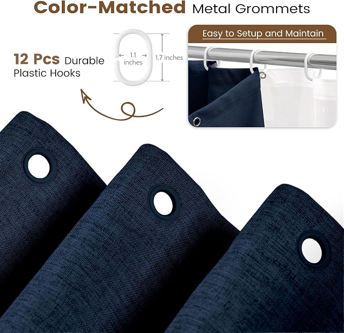 BTTN 72x78 Long 3 in 1 Linen Texture Shower Curtain with Liner, Navy Blue | Tall Size, 230GSM Heavy Duty Polyester, Waterproof Clear Liner, Weighted Hem, 12 Plastic Hooks, Hotel Style, Machine Washable
