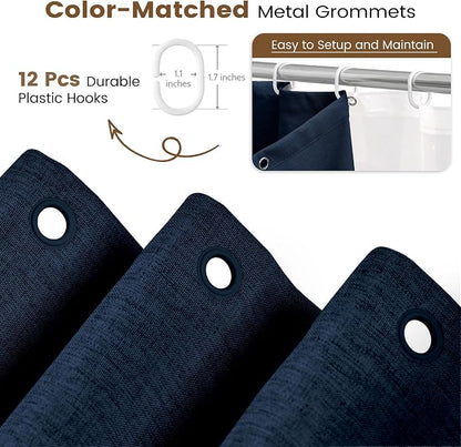 BTTN 72x78 Long 3 in 1 Linen Texture Shower Curtain with Liner, Navy Blue | Tall Size, 230GSM Heavy Duty Polyester, Waterproof Clear Liner, Weighted Hem, 12 Plastic Hooks, Hotel Style, Machine Washable