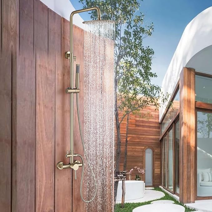 RBROHANT Outdoor Shower, Wall Mount Outdoor Shower Kit, Outside Shower Faucet with Height Adjustable Rain Shower Head and Handheld, Exposed Shower for Backyard, Wall Mounted, Brushed Gold, JK0147