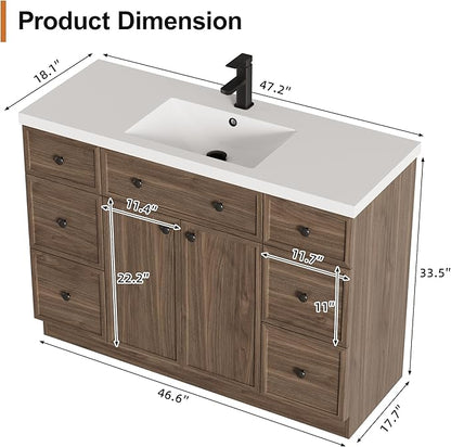 LUCKWIND 48" Bathroom Vanity Sink Combo, Modern Bathroom Cabinet with Single Undermount Solid Surface Vanity Sink, Soft-Close Hinges & Water-Saving Faucet, Taupe