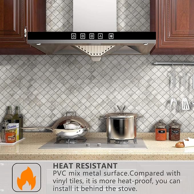 STICKGOO Arabesque Peel and Stick Backsplash Tile, Stick on Backsplash for Kitchen and Bathroom, Beige Marble Look PVC Mixed Metal Aluminum Mosaic Tiles (10 Sheets)