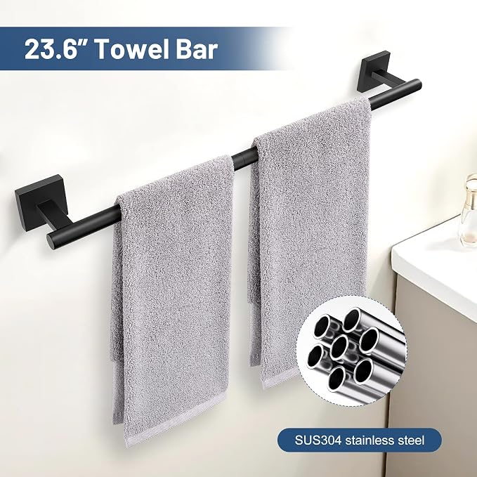 TURS 5-Pieces Matte Black Bathroom Hardware Set 23.6 Inch SUS304 Stainless Steel Towel Bar Set Wall Mounted Square Toilet Paper Holder with Shelf