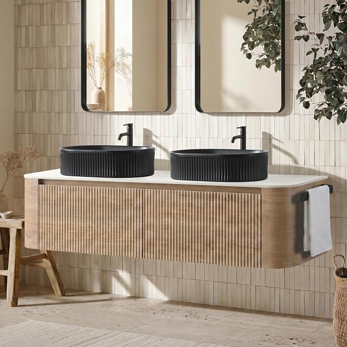 60" Floating Bathroom Vanity with Double Black Sink, Honey Oak | Pre-Assembled Fluted Wall Mounted Double Sink Vanity with Sintered Stone Countertop, Soft-Close Drawers & Towel Rack