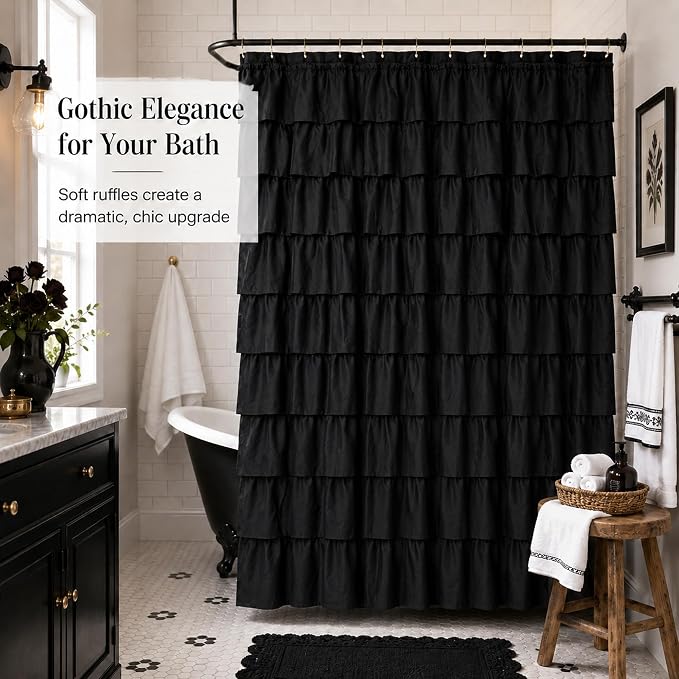Black Ruffle Shower Curtain for Bathroom, 72x72, Cascading Layered Ruffles | Flowing Ruffle Drape, 72 x 72 inch, 7ft, 12 Plastic Hooks Included, Machine Washable, Soft Brushed Microfiber Fabric