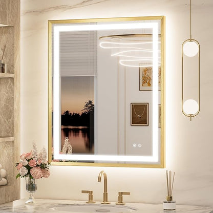 Keonjinn 30x36 Inch Gold LED Bathroom Mirror with Light, Frontlit & Backlit | Beveled Edge, Lighted Bathroom Mirror, HD Tempered Glass, 3 Color Temperatures, Anti-fog, Stepless Dimmable