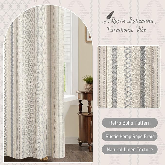 Light Grey Boho Linen Shower Curtain,72" W x 72" L | Linen Striped Print and Twine-Inspired Woven Center for Bathroom