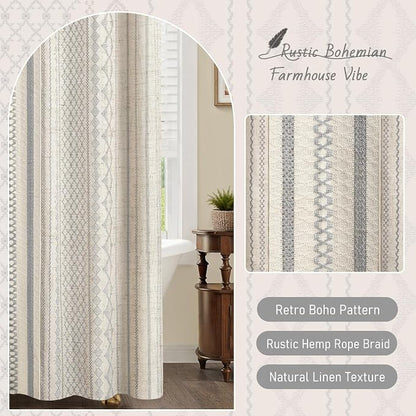 Light Grey Boho Linen Shower Curtain,72" W x 72" L | Linen Striped Print and Twine-Inspired Woven Center for Bathroom