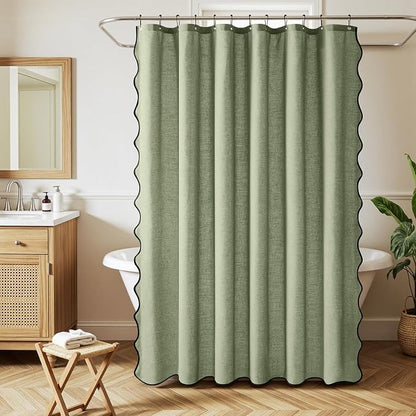 MIULEE Sage Green Scalloped Linen Shower Curtain 72W x 72L | 12 metal hooks, Linen scalloped, waterproof washable, thick heavy cloth, black border, boho farmhouse, bathroom hotel use