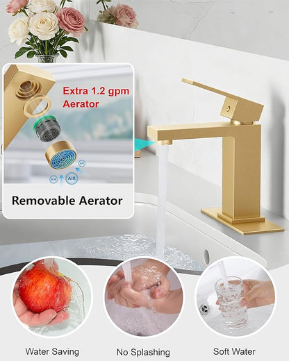 Midanya Bathroom Faucets 1 Hole, Single Handle Stainless Steel Bathroom Sink Faucet, Modern Vanity Faucets with Deck Plate,Water Supply Hoses and Pop Up Drain,Brushed Gold