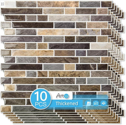Art3d Linear Tile Peel and Stick Backsplash, 10-Pack, Vintage Sandstone | 12 x 12 Inch, Enhanced Thickness, Warp Resistant, Strong Adhesion, Sturdy, for Kitchen, Bedroom, Ideal for Home Improvement
