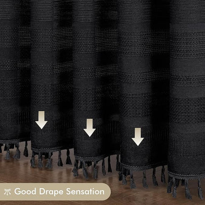 Extra Long Boho Stripe Shower Curtain 84 Inch Long, Modern Farmhouse Heavy Duty Linen Textured Soft Fabric, Rustic Country Cloth Shower Curtain with Tassel for Bathroom Hotel, 72Wx84L, Black
