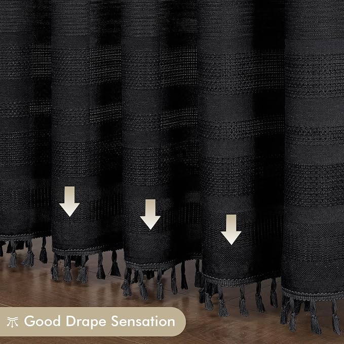 Black Boho Stall Shower Curtain, Narrow Soft Fabric Striped Linen Textured Bathroom Shower Curtain with Tassel, Modern Farmhouse Machine Washable Bath Decor, Black, 36Wx72L Inches