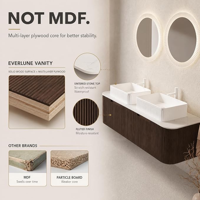 60 Inch Double Sink Bathroom Vanity, Floating Wall Mounted Cabinet, Dark Walnut Curved Fluted Front, Stone Top, Dual White Textured Rectangular Vessel Basins, Pre-Assembled
