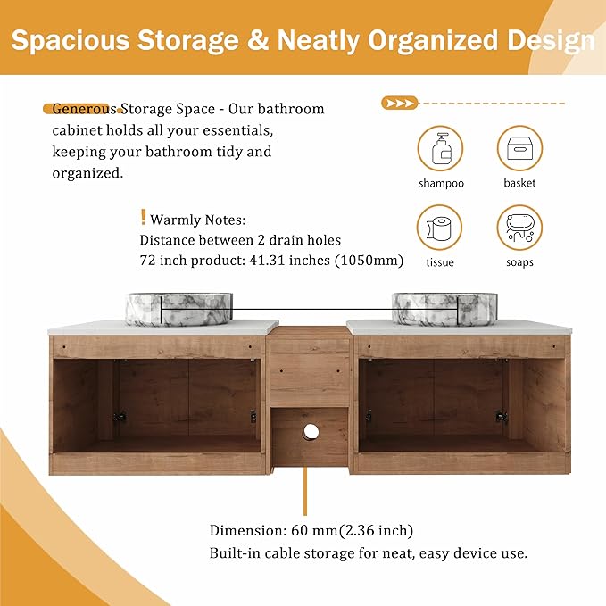Malwee 72" Floating Bathroom Vanity with Sink, 72 Inch Wall Mounted Bathroom Cabinet Combo, Modern Double Sink Bath Storage Vanity Set, with 4 Soft Close Doors and Ceramic Vessel Basin Top(72-QQ