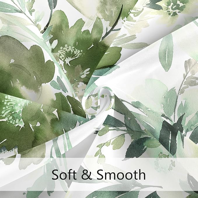 Small Stall Shower Curtain 36x72 Inch Half Narrow Olive Green Floral Decor | Modern Abstract Flower Fabric Bathroom Shower Curtain Set with Hooks