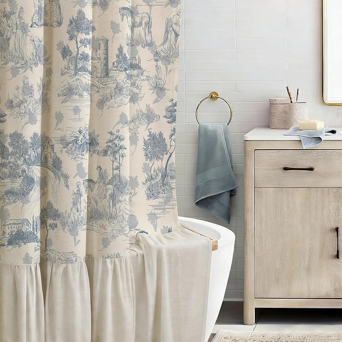 ORTIGIA Ruffle Linen Shower Curtain with Metal Hooks 72x72 Inch, Blue and White Toile de Jouy for Vintage French Country Waterproof Bathroom Decor Chateau Toile Pattern