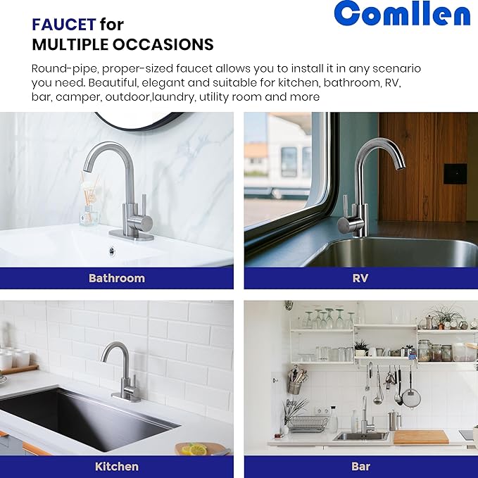 Comllen Wet Bar Sink Faucet, Brushed Nickel, Lead-Free 304 Stainless Steel, 360° Swivel, Single Handle, Small Prep Sink Faucets with Deck Plate for RV Outdoor Laundry Vanity Lavatory