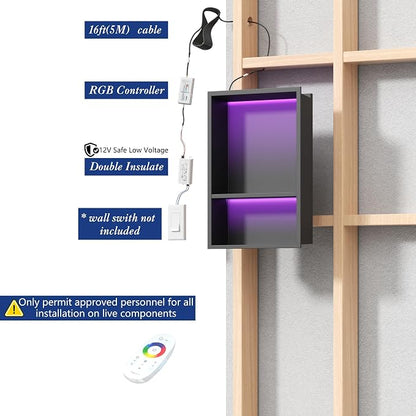 2-Tiers 12x18Inch Wall Niche with RGB LED Light Strips, Matte Black Shower Niche Cabinet, Stainless Steel Bathroom Shelf, NO Tile Needed Recessed Storage Organizer