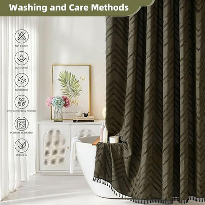 Siiluminisoy Extra Long Olive Green Boho Shower Curtain with Tassel, Woven Fabric 90 in Shower Curtain, Tufted Chevron Striped, 72 x 90, Modern Chic Textured Minimalist Bathroom Shower