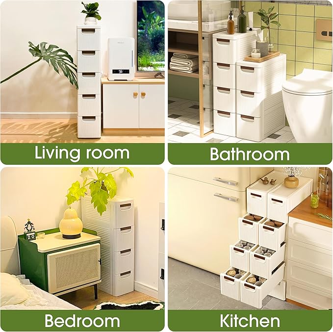 4 Drawers Narrow Storage Cabinet, Slim Bathroom Storage Cabinet, Plastic Rolling Cart Organizer for Small Spaces, Laundry, Office, Home,White