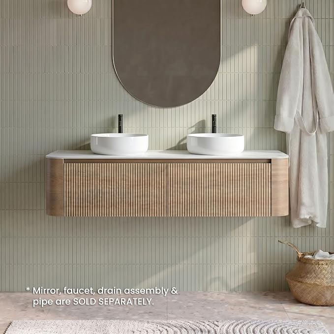72" Preassembled Double Floating Bathroom Vanity with Round Sink, Oak | Mid-Century Modern Style, Fluted & Soft-Close Drawer with U-shaped Wall, Sinterted Stone Countertop, Towel Rack Included