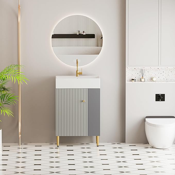 Merax 21.6" Small Bathroom Vanity with Sink Narrow Depth Bathroom Vanities,Wood Vanity Cabinet,Soft Closing Door,Freestanding Sink Cabinet W/Open Side Shelves,Gray