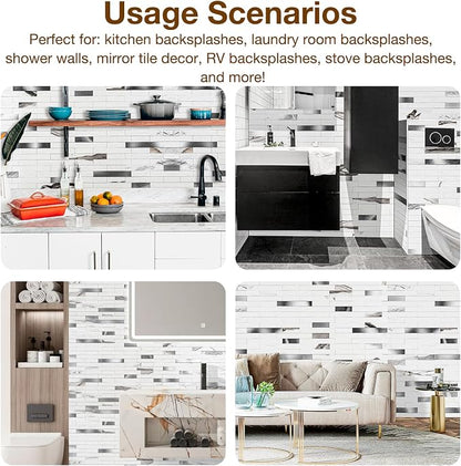 Peel and Stick Backsplash Tile Waterproof Removable PVC Wall Sticker 3D Faux Stone Marble Brick White Accent Panels (Rough White Marble - Metal Silver, 40 Tiles - 18 sq. ft. (1.68 m²))
