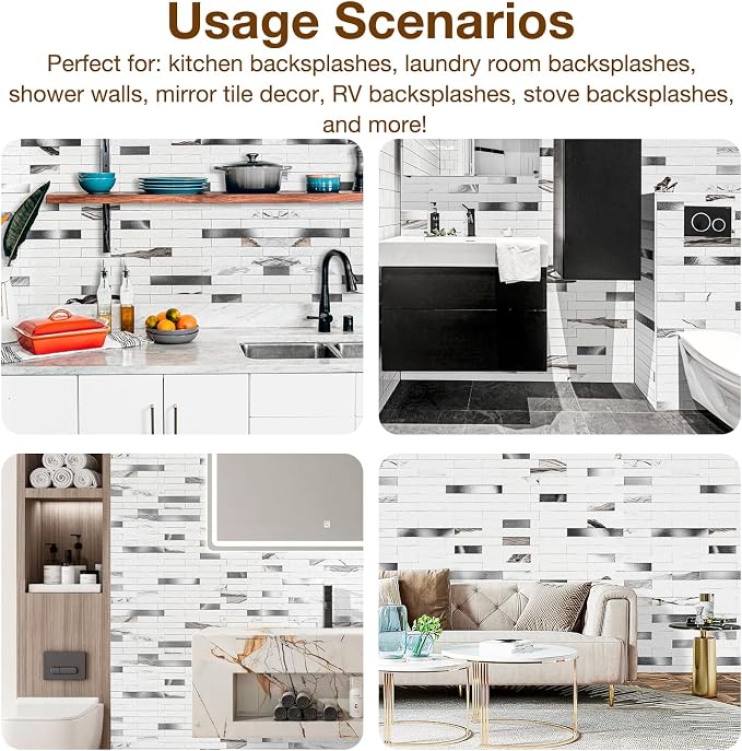 Peel and Stick Backsplash Tile Waterproof Removable PVC Wall Sticker 3D Faux Stone Marble Brick White Accent Panels (Rough White Marble - Metal Silver, 20 Tiles - 9 sq. ft. (0.84 M²))
