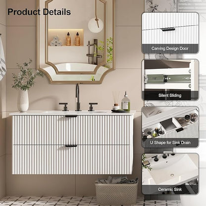 Bathroom Vanity 36 inch with Sink, Floating Bathroom Vanity, White Ceramic Sink & Double Drawers, Soft-Close Design, Wall Mount Bathroom Cabinet, Modern Floating 36" Vanity